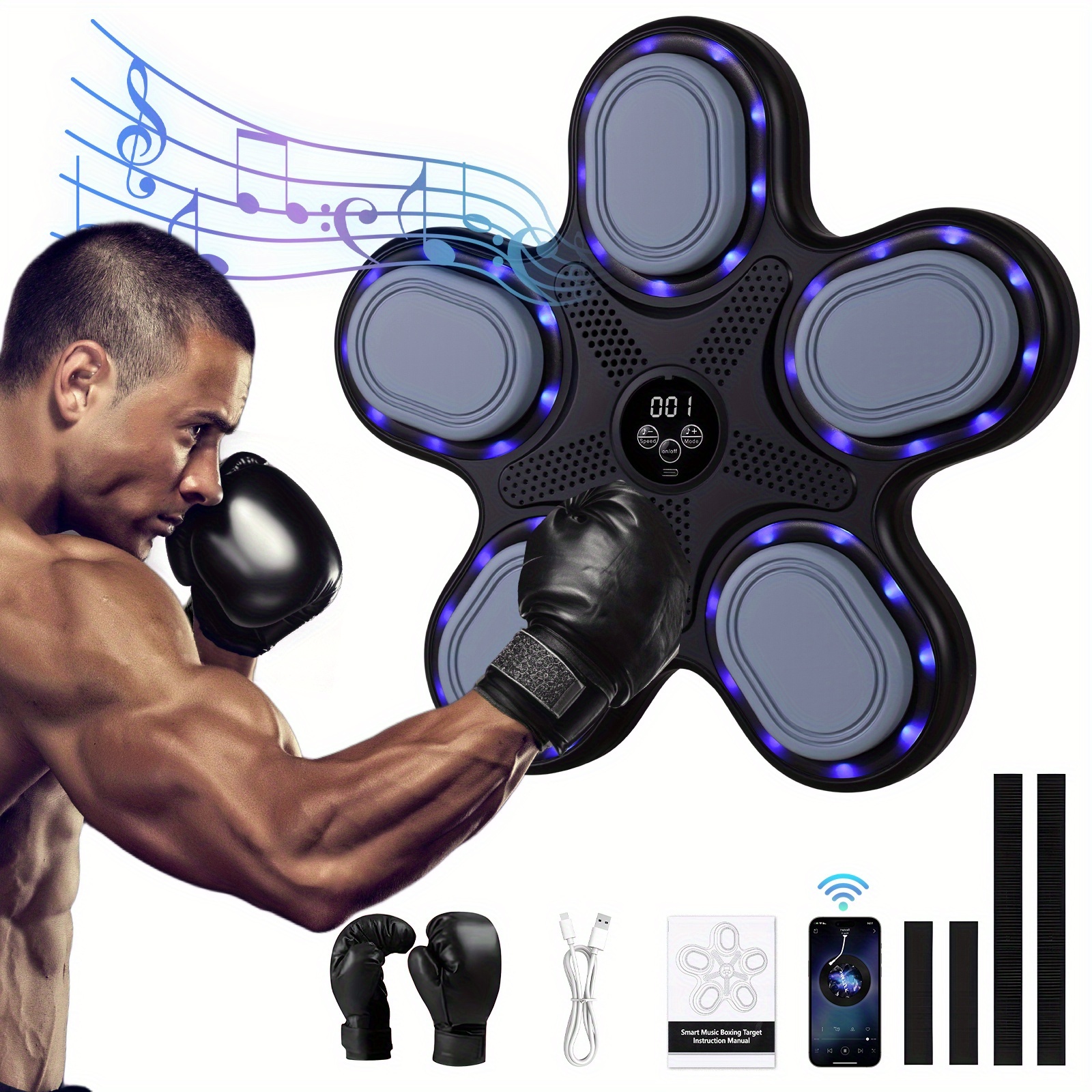 Interactive Music Boxing Machine With Gloves, Usb Charging, Pe Material - Wall-mounted Home Workout And Gear For Adults, Black