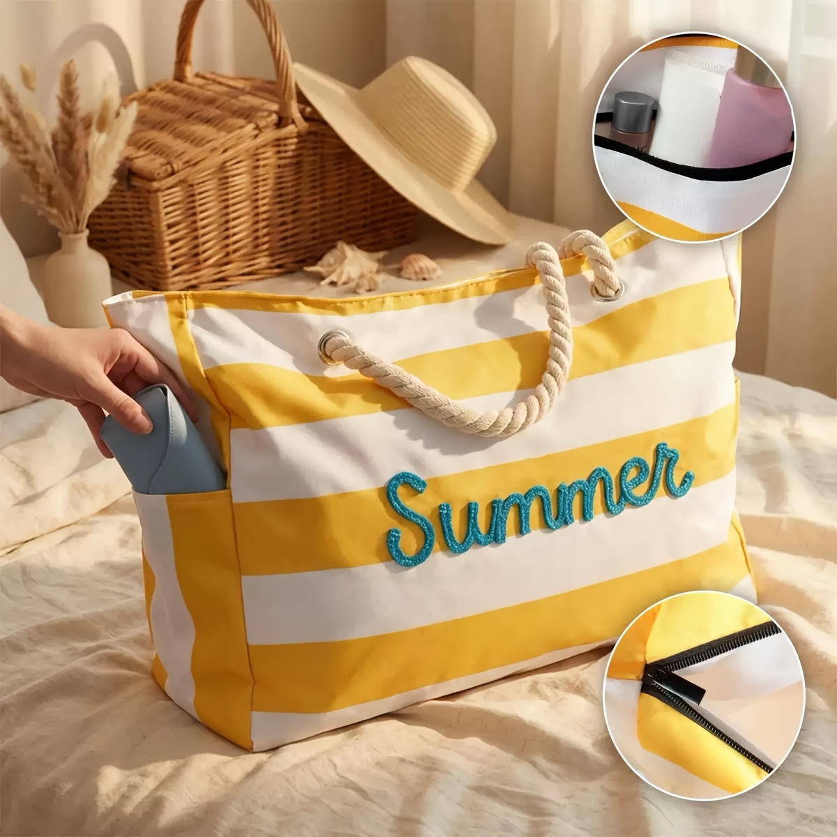TEMU Personalized Large Handbag With Zipper, Ideal For The Beach. Spacious Shoulder Bag Suitable For Bridesmaids, Outdoor Trips, And Daily Commutes.