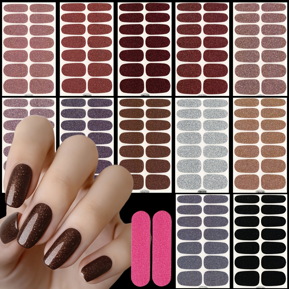 12 Sheets Glitter Solid Color Nail Stickers, Self-adhesive Dark Simple Diy Waterproof Long-lasting Nail Decals, Brightening Light Beige Girly Heart Decorations