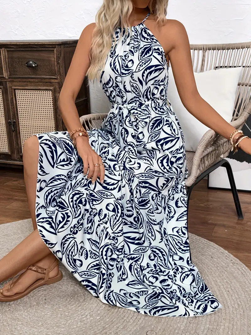 Women's Tropical Leaf Print Halter Maxi Dress with Belt - Sleeveless, A-Line Silhouette, Lightweight Polyester for * Beachwear, or Casual * Beach Dress Women's Tropical Leaf Print Halter Maxi Dress with Belt - Sleeveless, A-Line Silhouette, Lightweight Polyester for * Beachwear, or Casual * Beach Dress