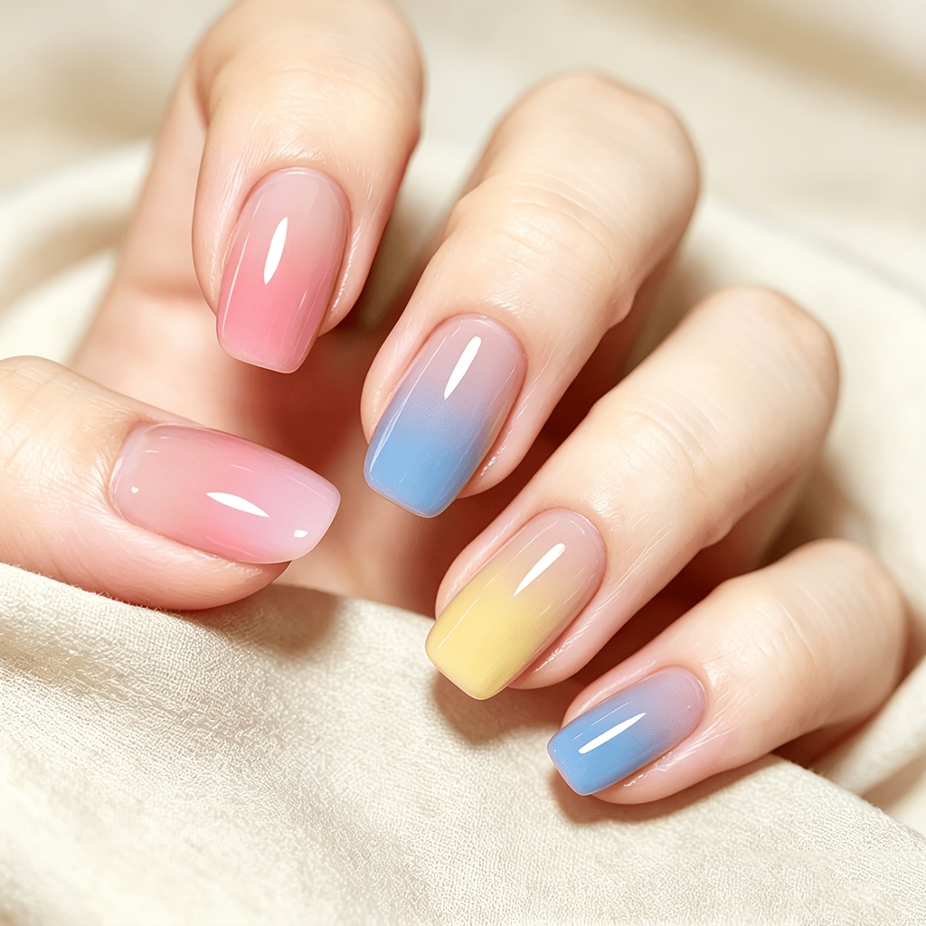 TEMU Uñas postizas coloridas degradadas, brillantes, cortas, de forma cuadrada, 24 piezas, pegatinas de uñas de presión, uñas estilo Y2K, de uñas
