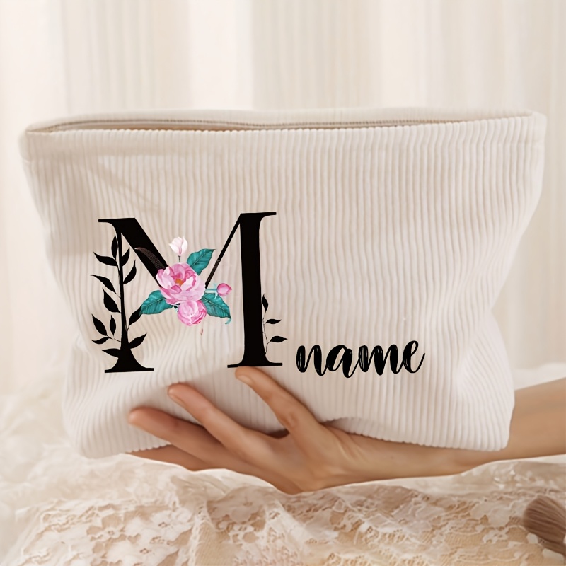 TEMU Personalized Name/initials Custom Corduroy Makeup Bag With Zipper Closure - Suitable For Travel, Airplane Carry-on, Compact Storage Pouch For