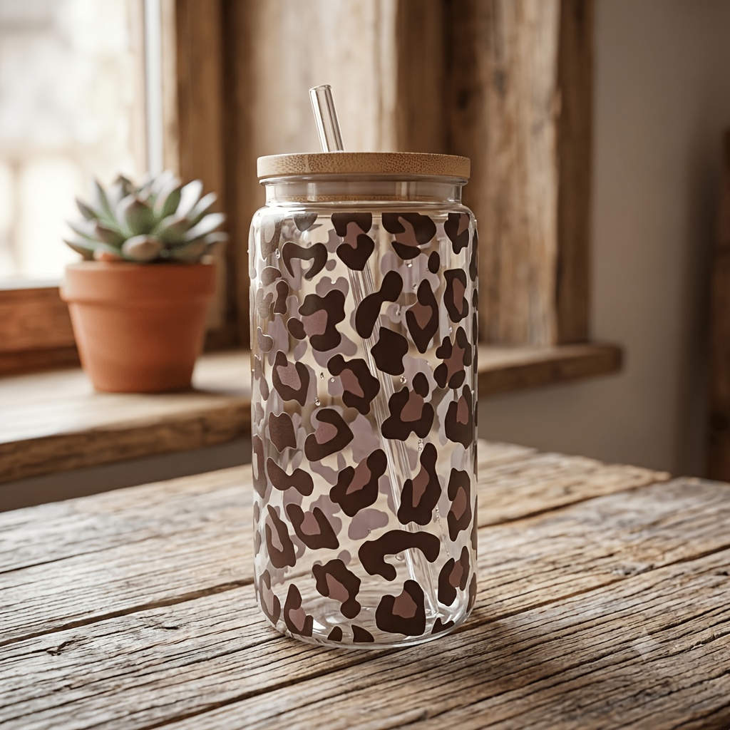 Set, Plastic Straw Cup, 2 Patterns From: Leopard Or Daisy, Suitable For Parties And Camping, Holiday Gift, Party Gift, Perfect For Cold Drinks, For Cold Drink Cup, Iced Coffee Cup