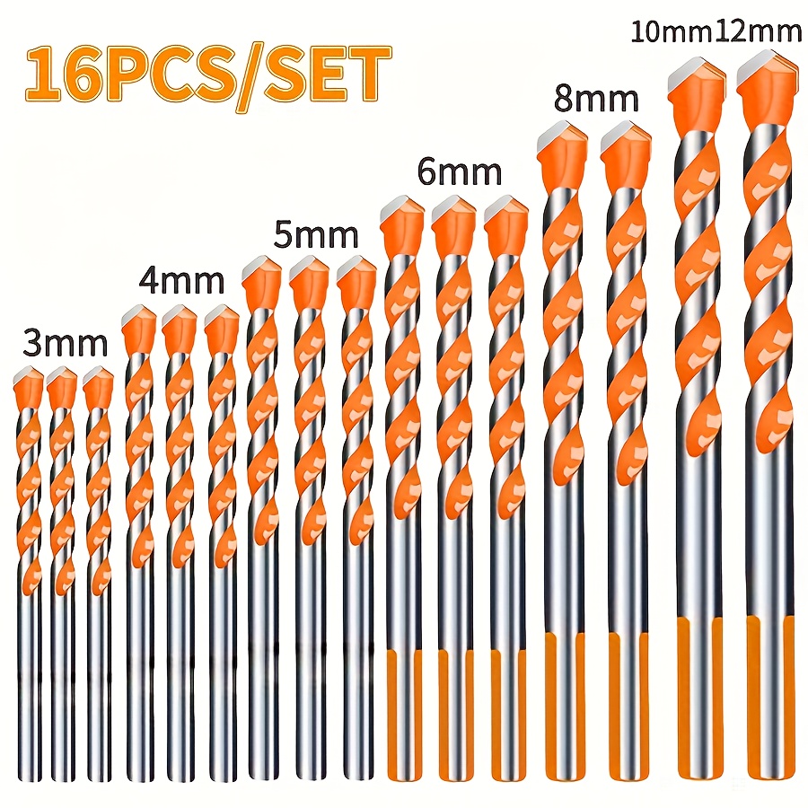 TEMU 16pcs Heavy-duty Carbide Masonry Drill Bit Suitable For Metal, Steel, Porcelain, Ceramic Tile, Concrete, Brick & Wood - Professional/diy Drill Bits (3-12mm)