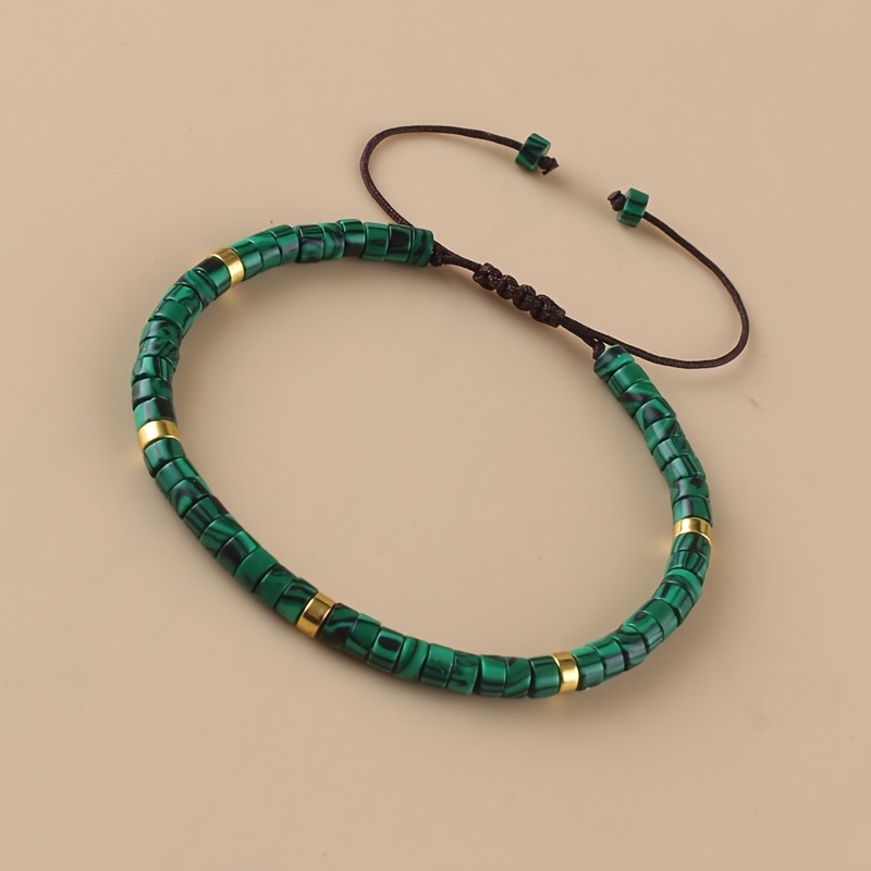 Bohemian Malachite Bead Bracelet 2x4 Green & Golden Adjustable Cord