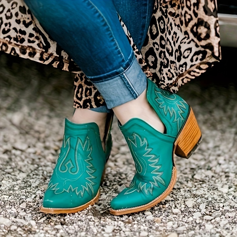 

Western Booties Cowboy Ankle Boots Cowgirl Faux Leather Boots Chunky Heel Point Toe Booties