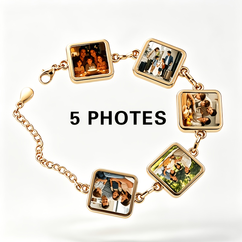 TEMU un brazalete de acero inoxidable para mujer con foto familiar de pareja, chapado con 1~5 colgantes de fotos cuadradas, con tu foto, cadena de