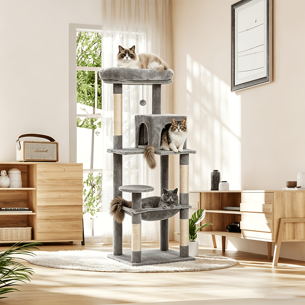 Image of 143cm Scratch Tower Compact, , Suitable For Large Cats, With Hammock And Seat Bar, Cat House, Made Of Natural Sisal Rope, Ideal For Multiple Cat Households