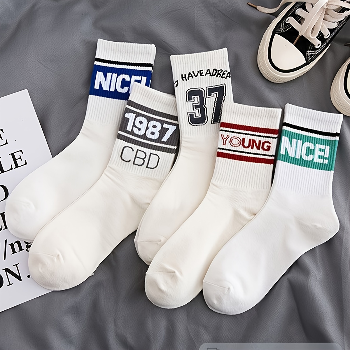 

5 Pairs Letter & Number Print Socks, Sports College Style Mid Tube Socks, Women's Stockings & Hosiery