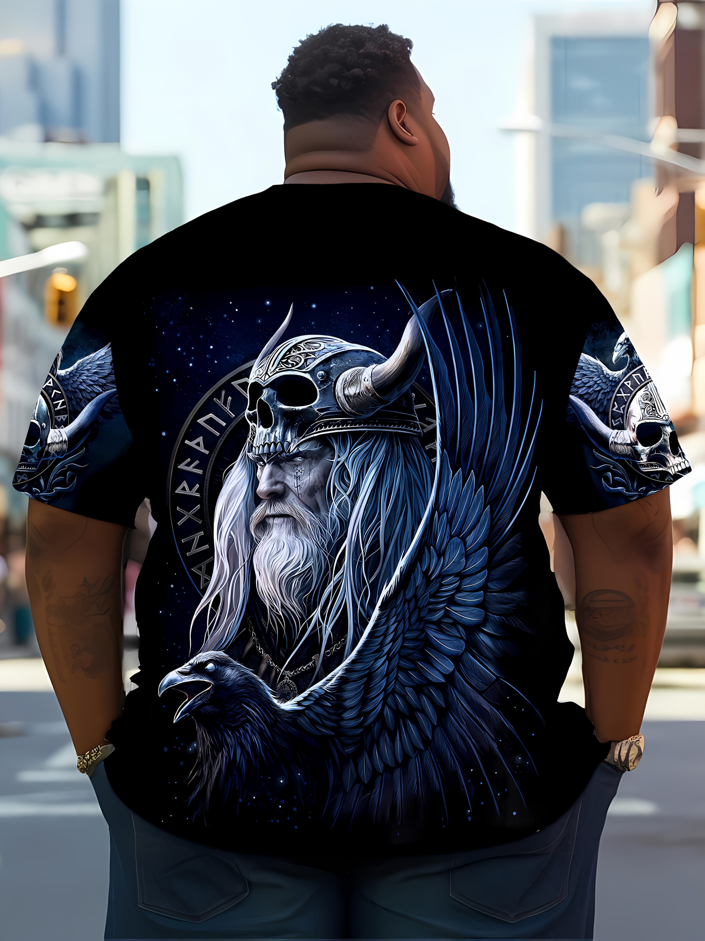 Men'S Odin'S Warrior Viking Style 3D Print T-Shirt - Casual Crew Neck, Short Sleeve, Regular Fit, 100% Polyester Knit Fabric with Stretch, Norse Mythology Design, PLUS SIZE