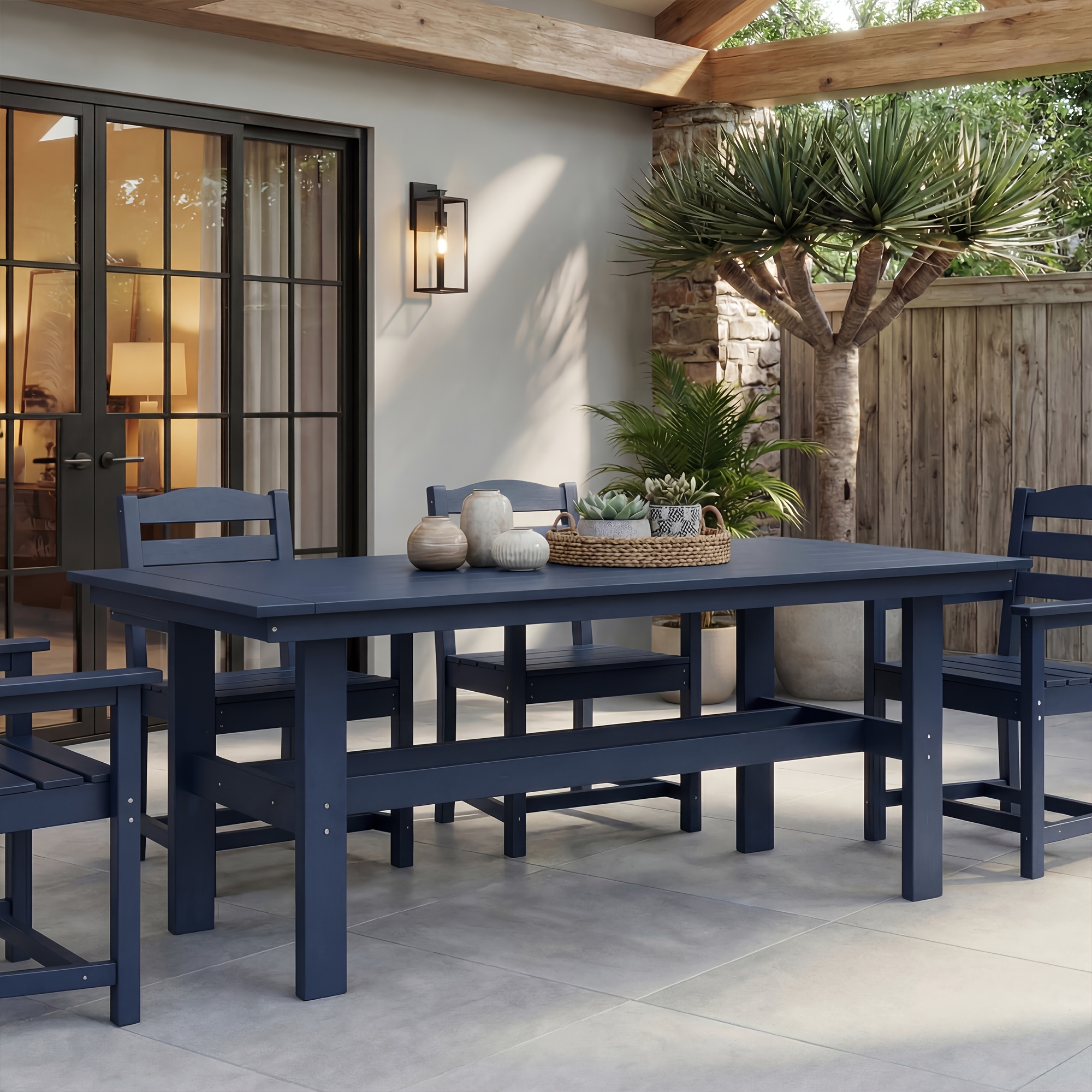 Modern Outdoor Dining Table for 6-Person Rectangle Indoor Outdoor Table with Umbrella Hole & Wood-Like Surface, Weather-Resistant Outside Dining Table for Patio Lawn Garden Backyard, 32.7