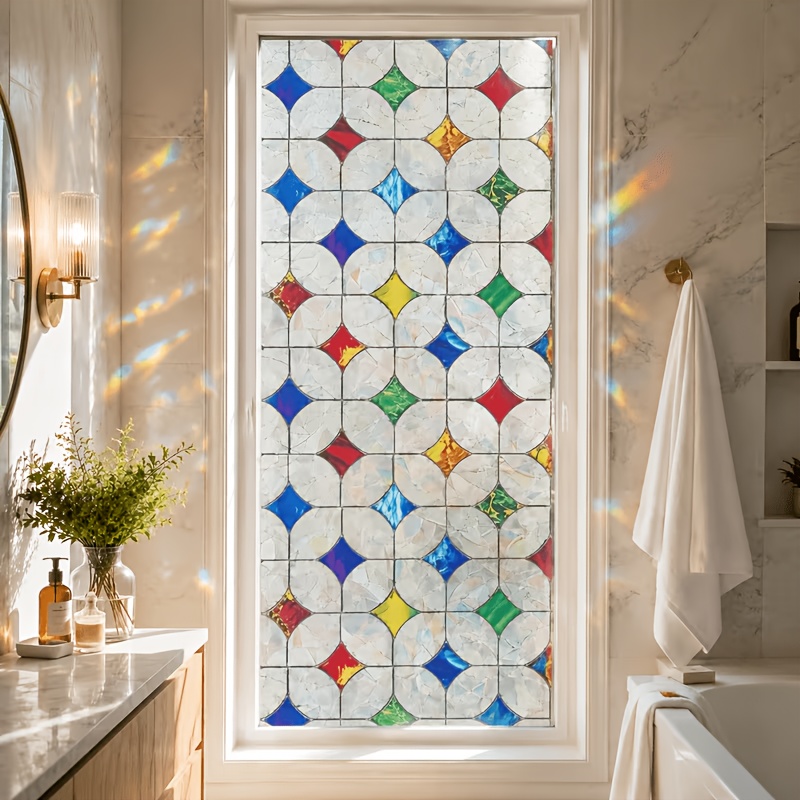 TEMU 1pc Of Stained Window Film - Colorful Geometric Pattern Static Cling Privacy Film, Adhesive-free Light-transmitting Decorative Sticker, Suitable