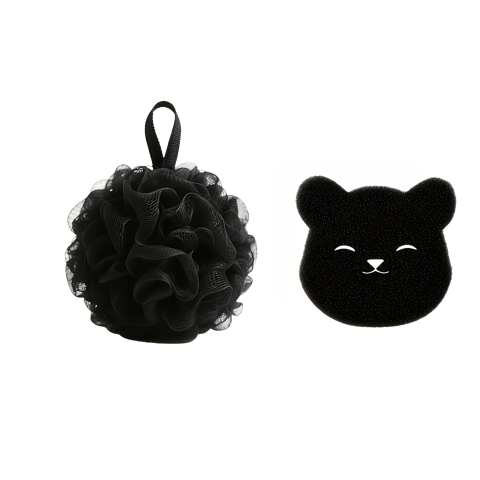 TEMU Soft Mesh Shower Sponge Set, Includes: 1 Cleaning Ball And 1 Exfoliating Sponge, Black And White Striped Exfoliating Body Back Scrubber,