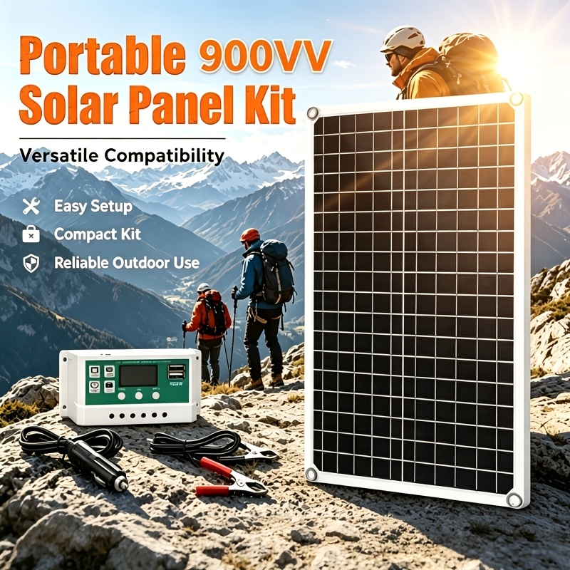 TEMU Portable Solar Panel Kit Featuring A Dual Usb Controller, Battery Clamps, And An Extension Cable. Ideal For Rvs, Boats, Motorcycles, And Home