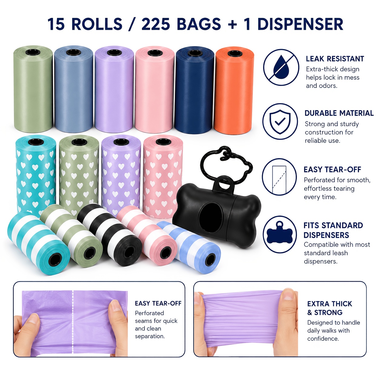 15 rolls 225 bags per pack with 1 dispenser mixed solid color heart shaped and striped   bags thickened leak proof and   suitable for daily outdoor dog   and cleaning