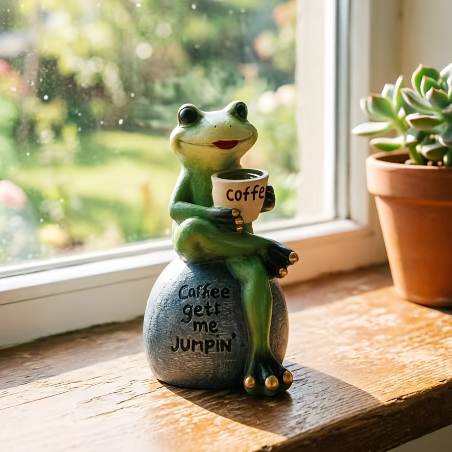 TEMU 1pc American-style Resin Frog Figurine - Sitting Frog Drinking Coffee On Rock Sculpture, Indoor/outdoor Garden Decor Suitable For,,, Lawn