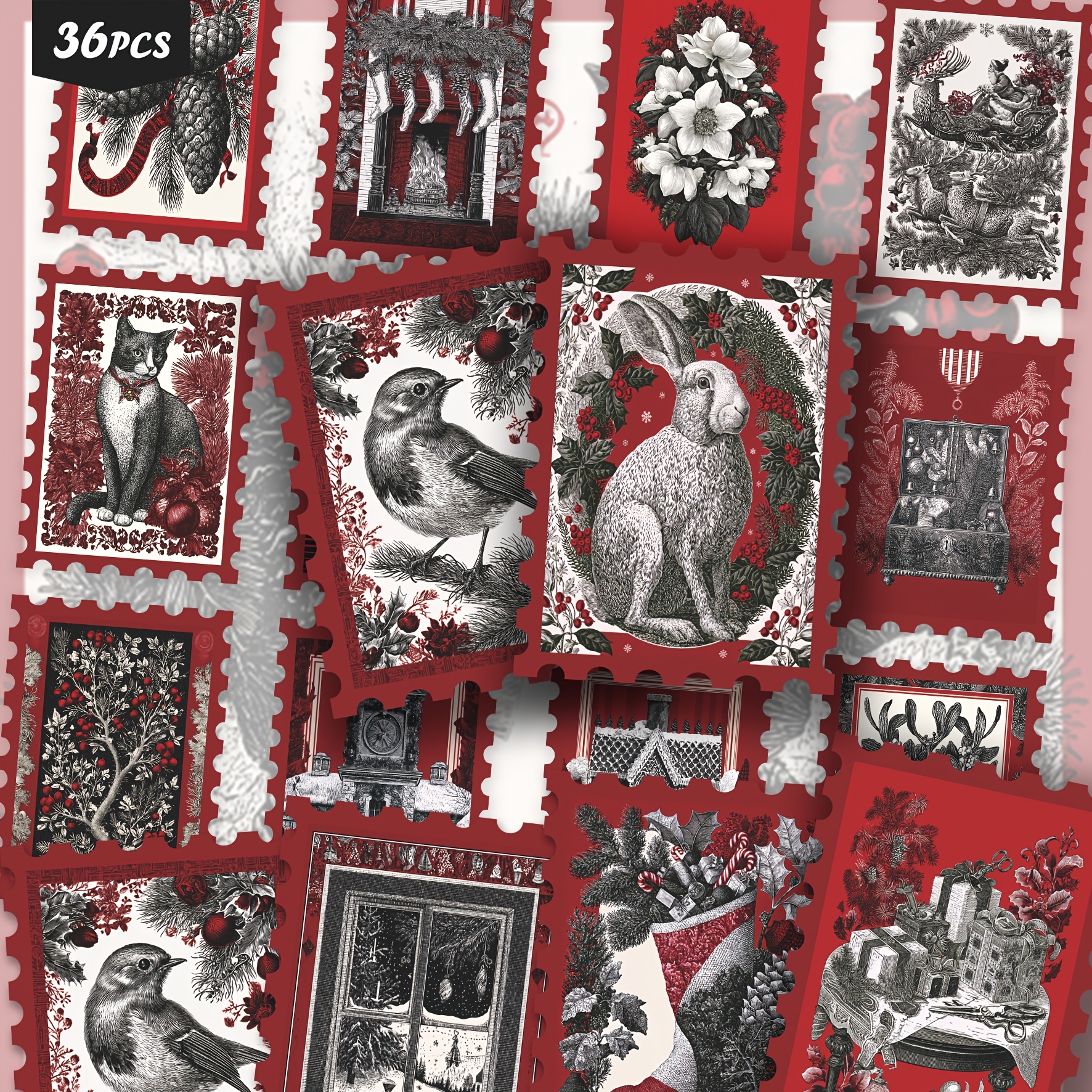 TEMU 36pcs Vintage Christmas Winter Sticker Set, Detailed Black And White Engraved Art With Red Accents Of Animals, Fireplaces, Holiday , And Festive