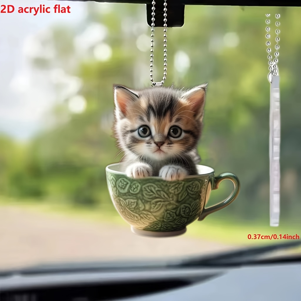 

Charming Vintage Acrylic Keychain: Adorable Kitty In A Teacup - Perfect For Your Car Or Home Decor