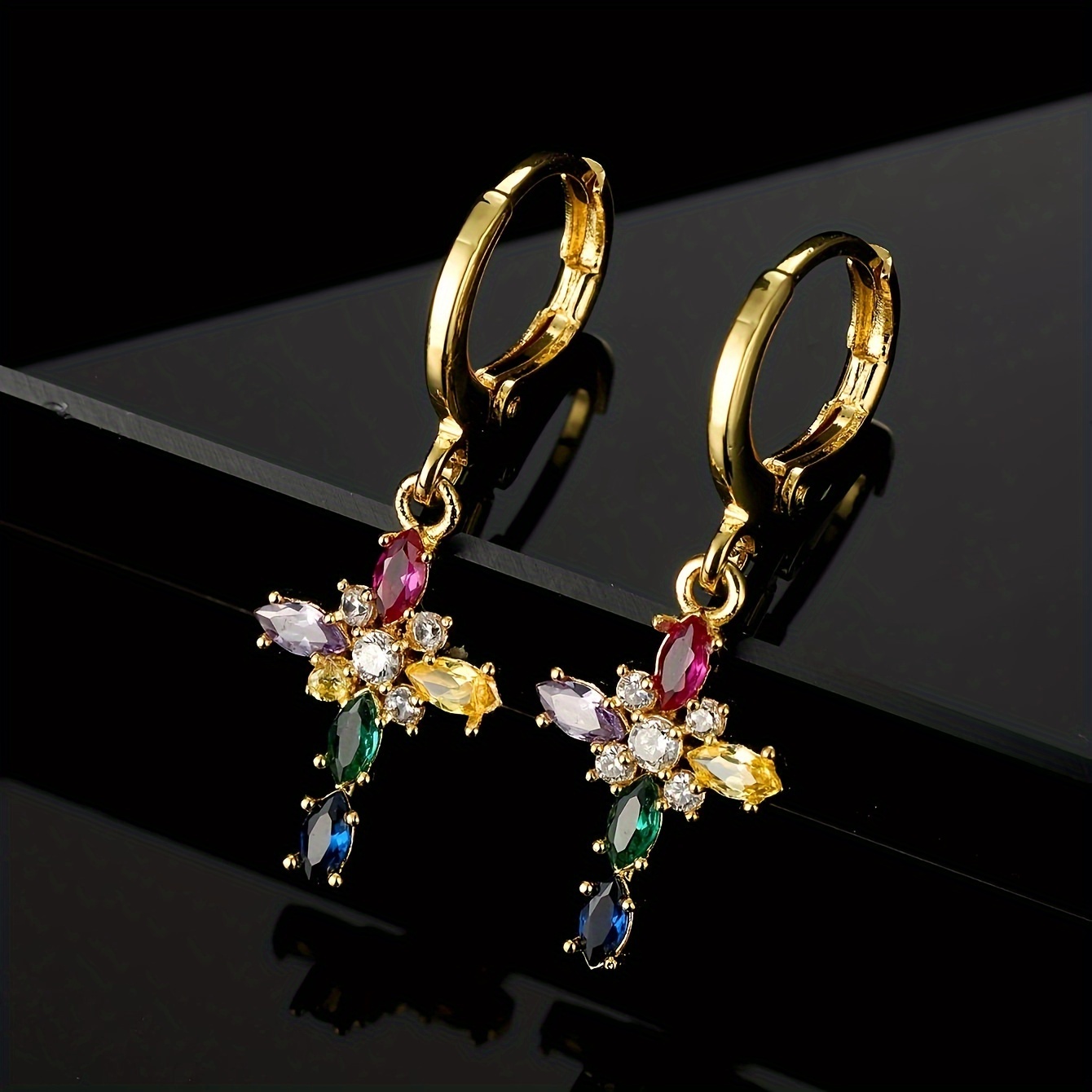Image of New Luxury Colorful Cross Hoop Earrings For Women With Sparkling Rhinestone Accents