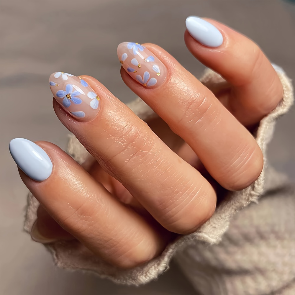 

24pcs Oval Press-on Nails Set - Short Length, Mixed Color Floral Design With Glossy Finish, Reusable Artificial Nails For Women And Girls Daily Wear