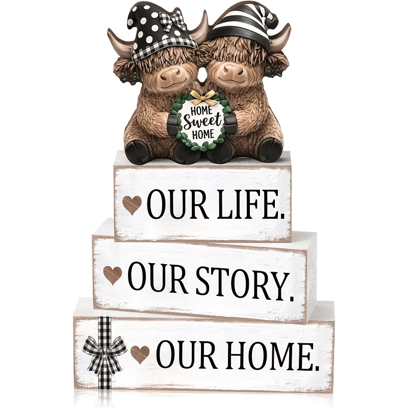 TEMU 4pcs Highland For Cow Figurines, Wooden Highland For Cow Ornaments, Farmhouse Table Decor Stackable Centerpiece For Entryway Tiered Tray Shelf