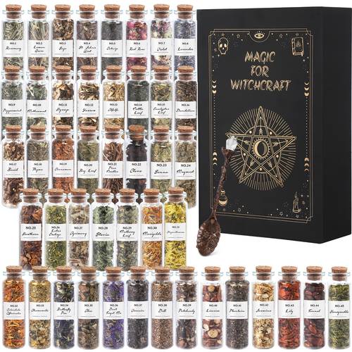 a set of 45pcs supplies herbs and bottles dried herbs kit for beginners altar supplies different herbs with 1pc crystal spoon for wicca pagan magic incense spells and bath for mothers graduation wedding day gift