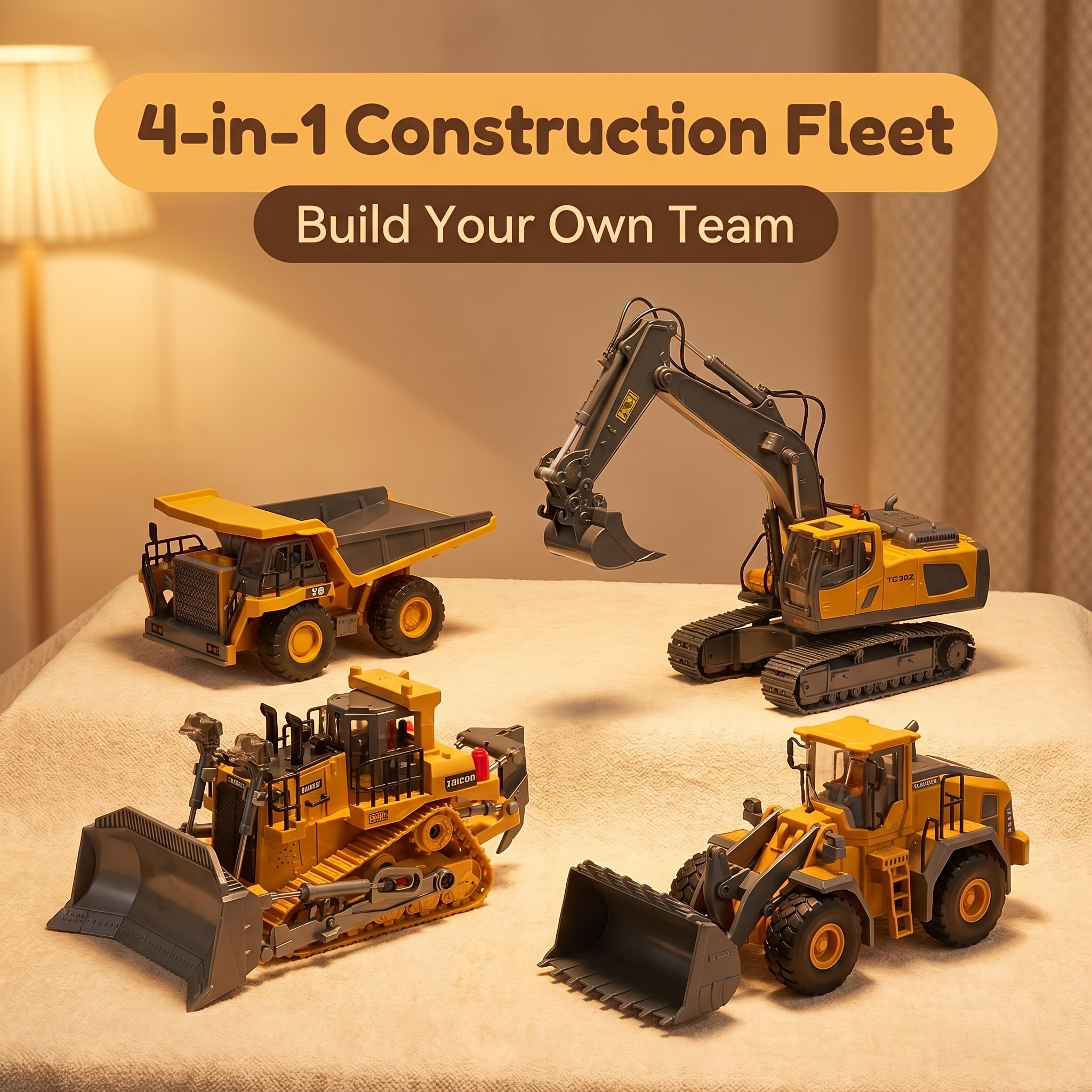 TEMU 4-in-1/3-in-1 Remote Vehicle Set, 2.4g 11-channel Remote Control Excavator Dump Truck Bulldozer Alloy Plastic Engineering Vehicle Remote Control