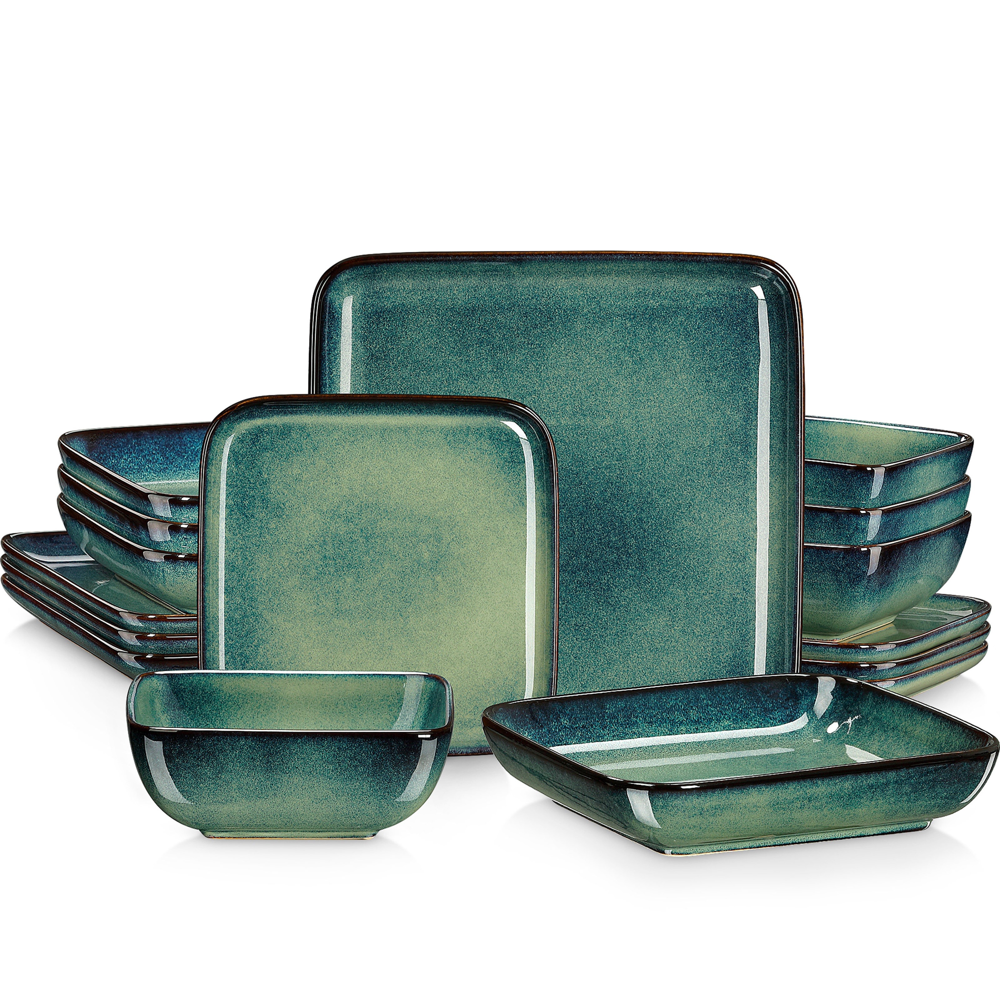 16pcs Dinner Stoneware Kiln Change Glaze Plate Bowl Service For 4