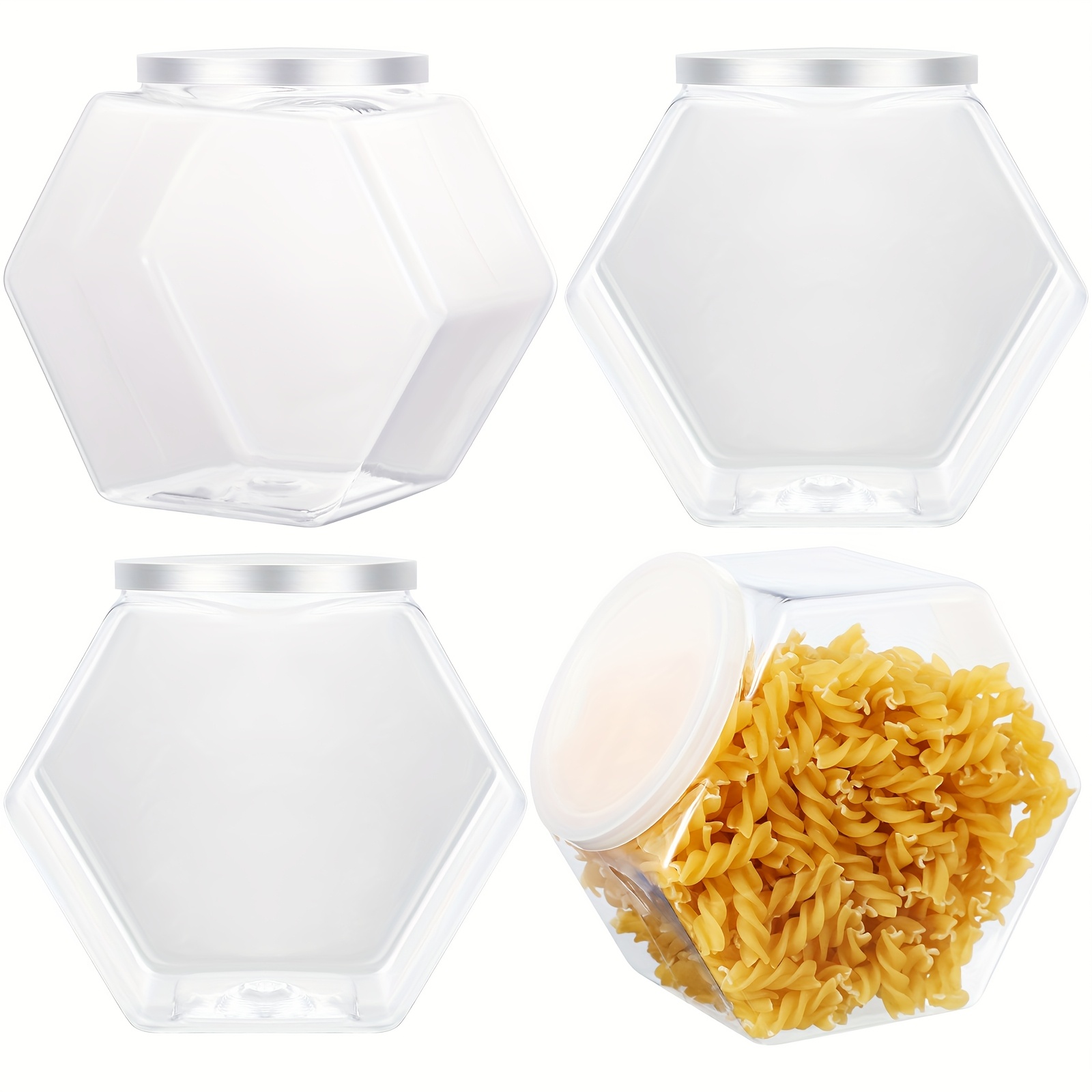 4pcs Plastic Candy Cookie Jars For Kitchen Counter Hexagon Cookie Jar With Lid Clear Candy Containers Laundry Pod Storage Food For Buffet Dog Treats Craft(29 Oz)
