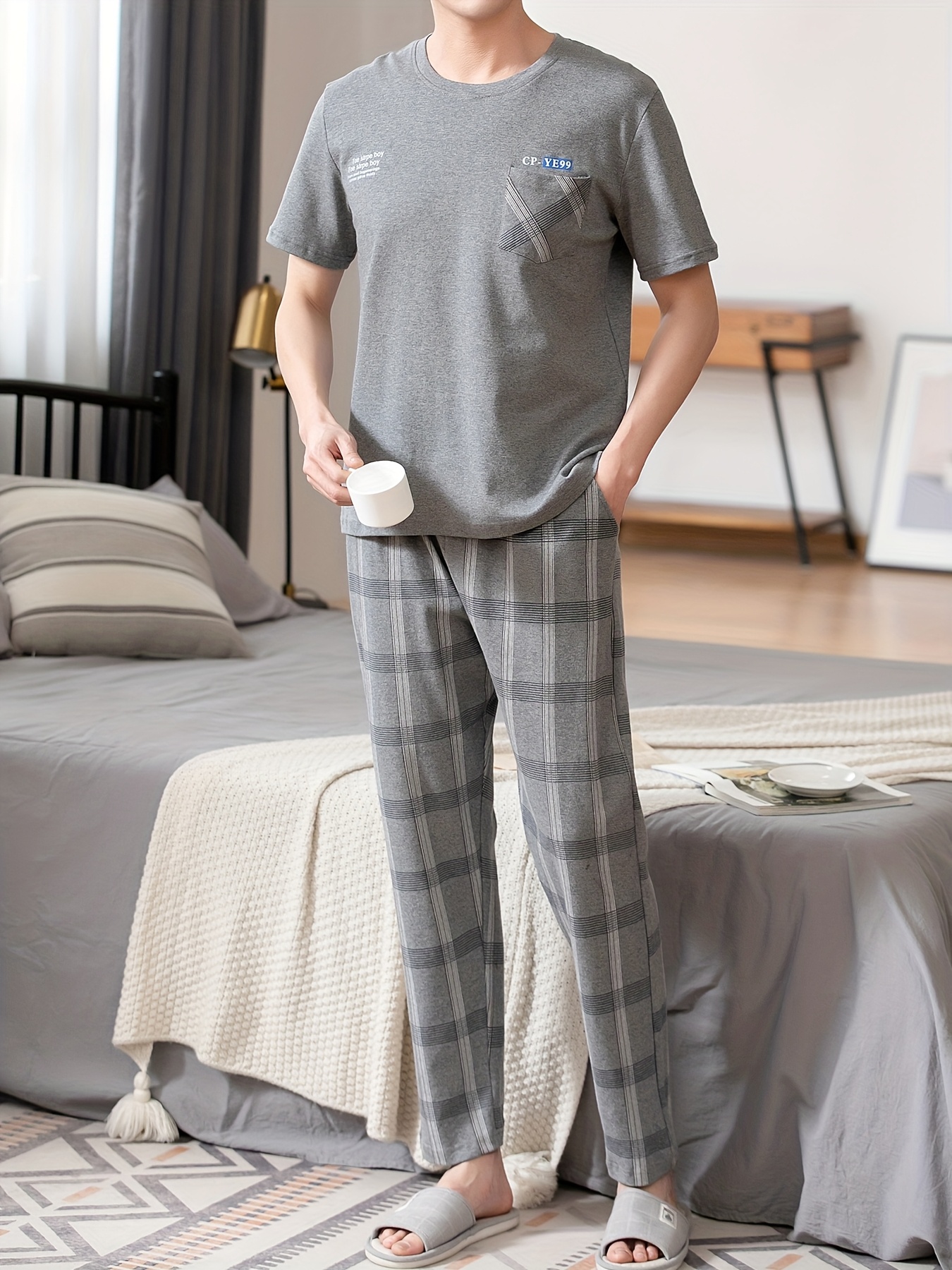 Men'S Summer Pajamas Made of Pure Cotton, Featuring Short Sleeves And Long Pants, Lightweight And Available in Plus Sizes for Young Adults.