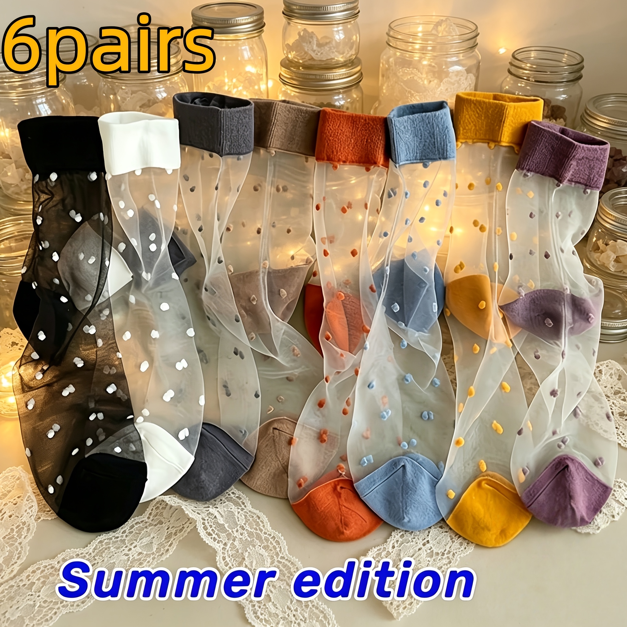 TEMU 6 Paires de Chaussettes de Cheville Transparentes à Pois Couleurs Bonbon Respirantes Chaussettes d'Été Décontractées en Verre pour Femmes