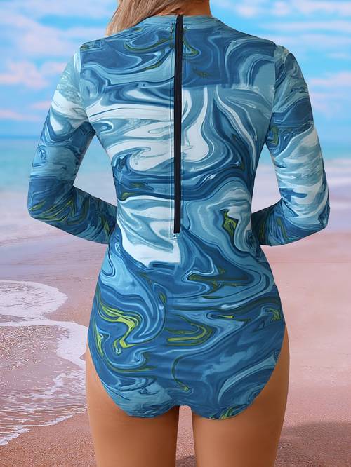 plus size fashion long sleeve gradient piece swimsuit with mesh