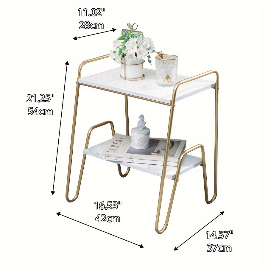 Mesa Auxiliar Chic de 2 Niveles en Blanco y Dorado - Aspecto Moderno de Mármol con Estructura de Metal, Perfecta para Dormitorio o Sala de Estar, Mesa Pequeña, Mesas de Sofá, Mesitas de Noche