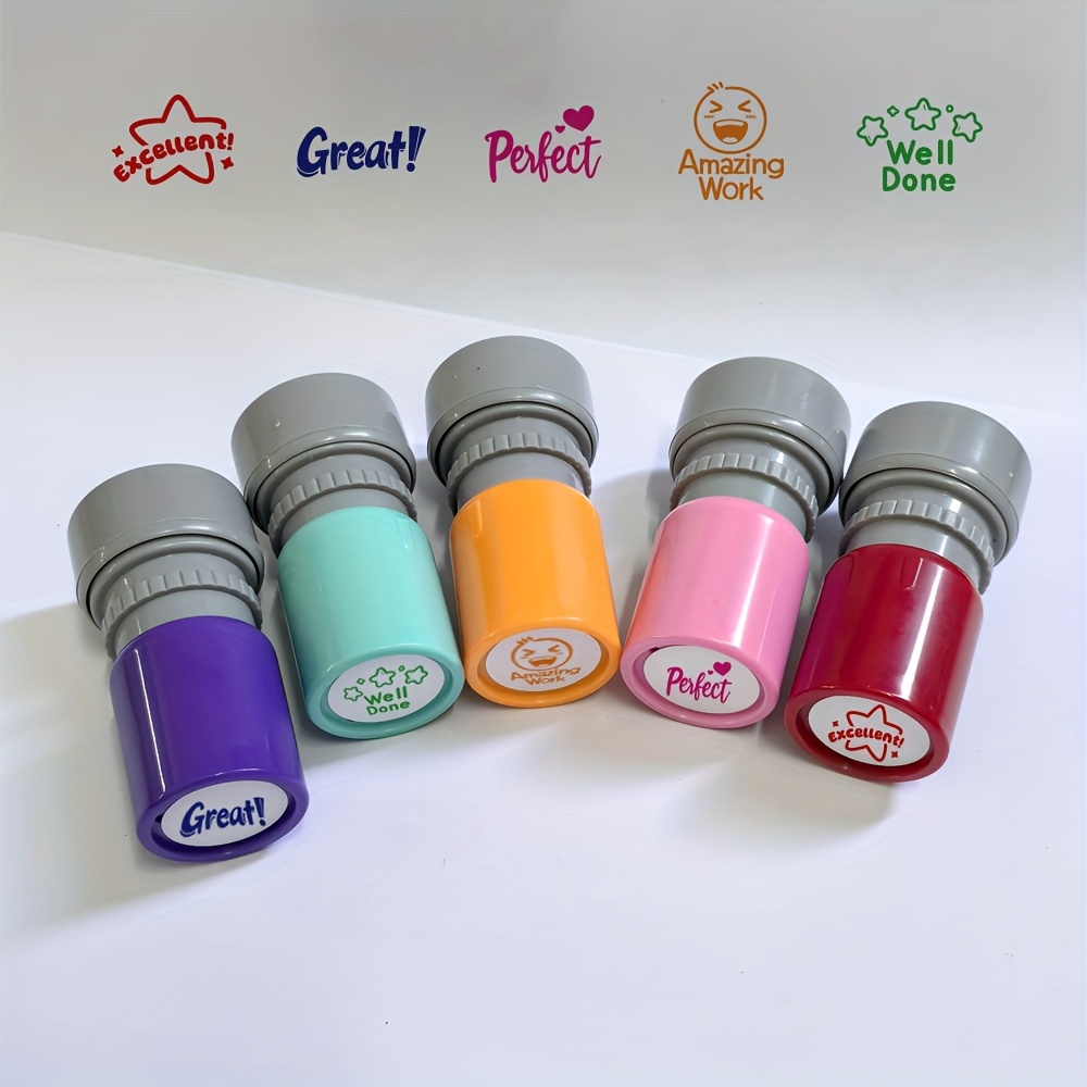 Five Colorful Round Encouragement Stamps for Teacher Feedback