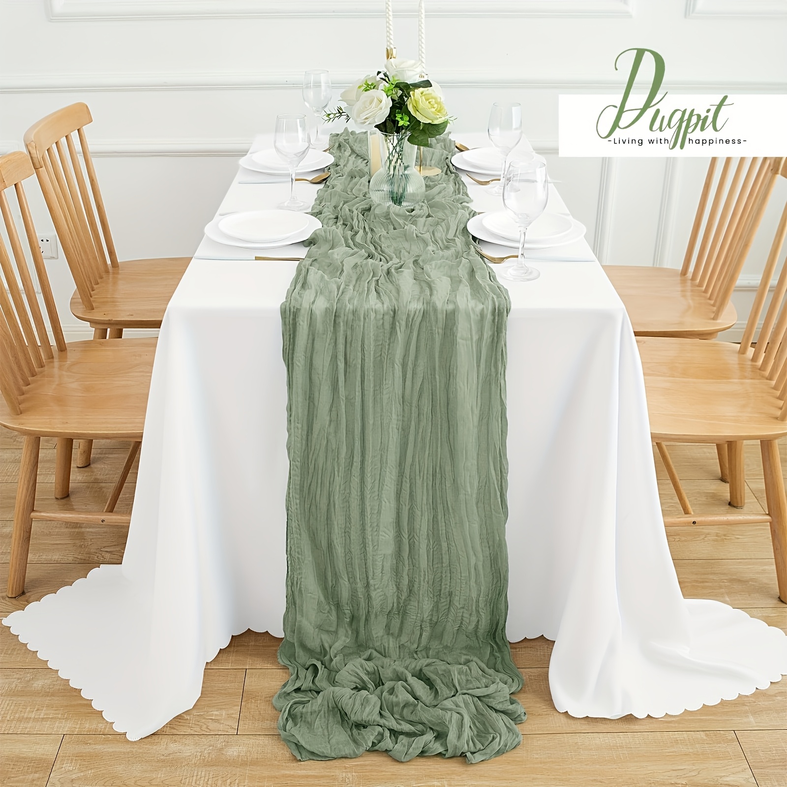 E-shop 1 Pack Salbeigrüner Käsegarn Tischläufer, 10 Ft lang, 35X120 Zoll, Böhmischer transparenter rustikaler Tischläufer für Party, Braut-Baby Shower