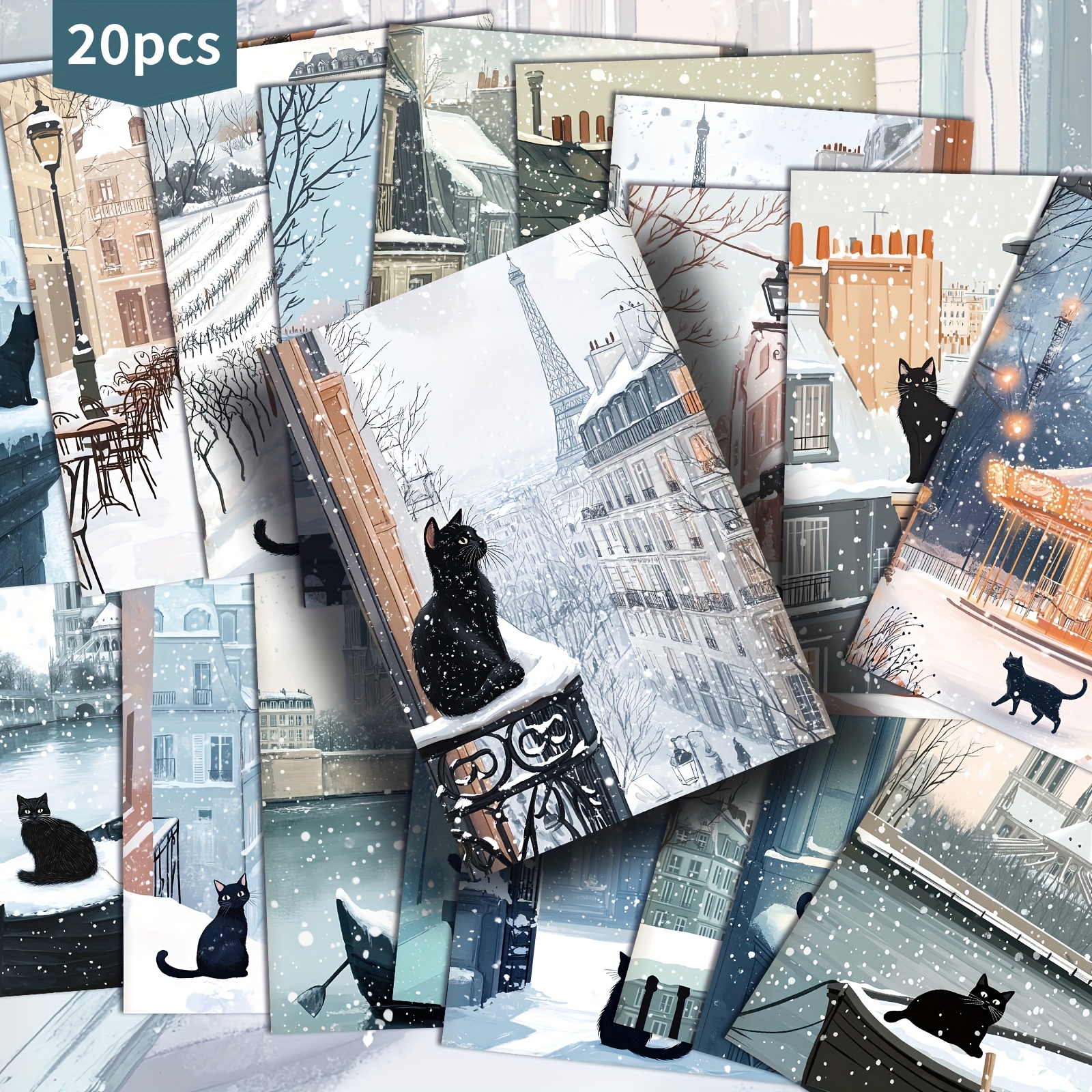 Image of 20 Pack Winter City Cats Paper Postcards -4x6 Inches Cats Junk Journal Paper, Classic Pinup Illustrations, Collectible Decorative Painting Cards For Scrapbooking & Crafting