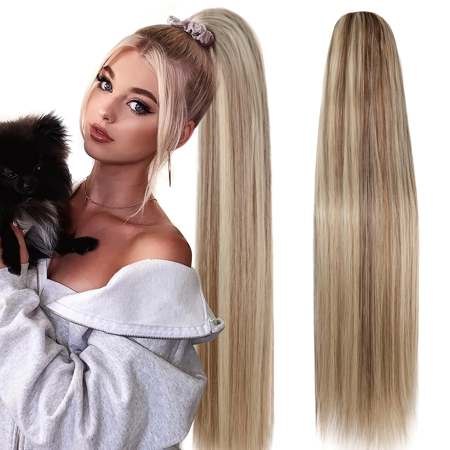 

Elegant 32 Inch Ponytail Extension, Unisex Straight Hair, Fiber, Adjustable With Stainless Clip, Style For Women