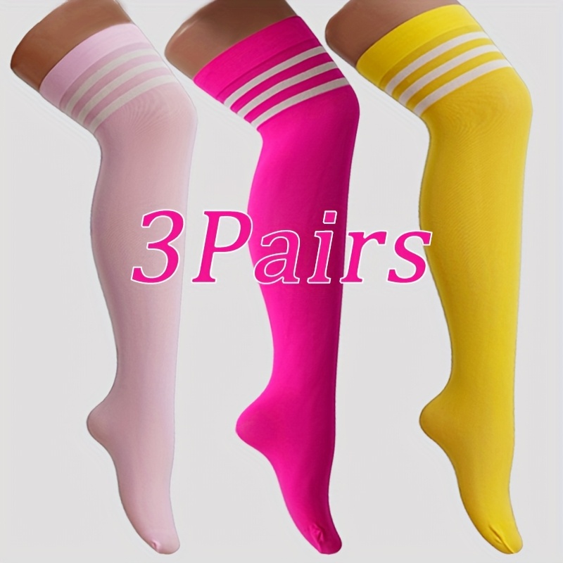 3-pair Pink, Rose Pink & Yellow Skinny Over-the-knee (otk) Socks - Stretchy Nylon High-knee Length Striped Teen Socks For, Dance, Casual Attire - - Comfortable & Cute Suitable For, For Teenager