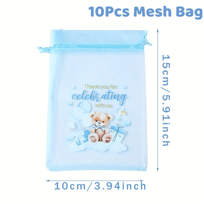 TEMU Set Of 10, Blue Thank You Bear Net Gift Bags, Adorable Cartoon Animal Drawstring Pouches, Ideal For Baby Shower Favors, Jewelry Storage, And