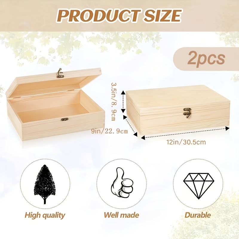 2pcs Wooden Box With Hinged Lid And Front Clasp Large Wooden Box, Rectangular Unpainted Wooden Box For Crafts Artistic Gifts Treasure Jewellery Home Storage Hobby, Jewelry Boxes