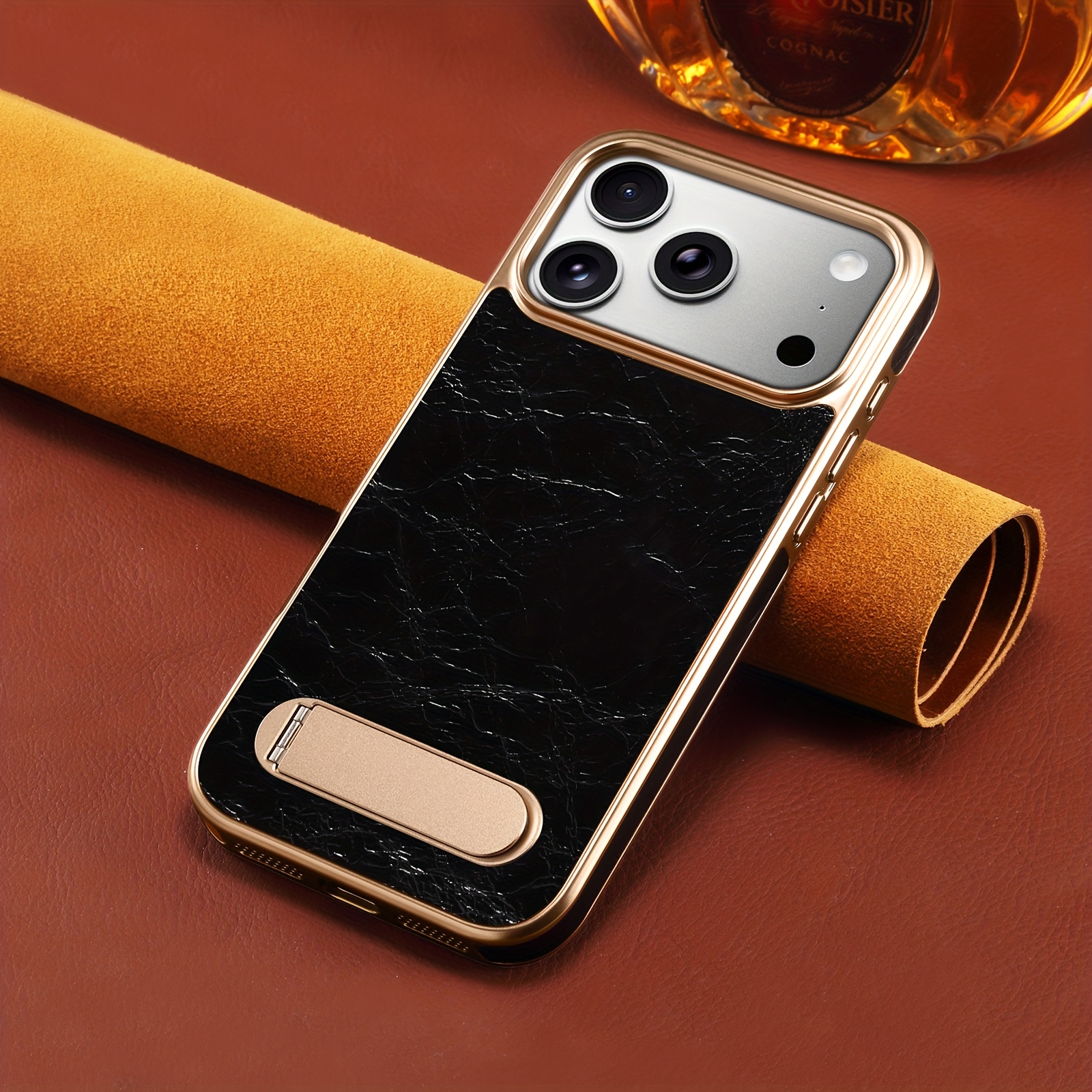 TEMU Phone Case: Top-grain Cowhide Phone Case With Electroplated And Hidden Magnetic Kickstand, Suitable For Iphone 17 Pro Max/17 Pro/16 Pro