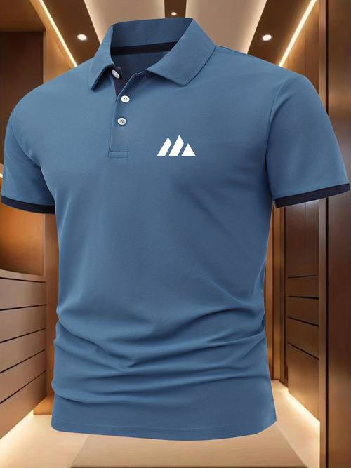 mens breathable stretch shirt button collar short sleeve t shirt suitable for golf tennis business casual outdoor activities geometric button front collar neck non fabric hand washable regular fit shirt