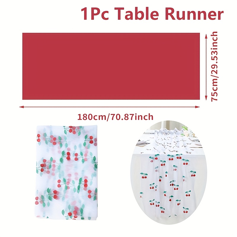 TEMU 1pc, Cherry Mesh Table Runner, 180x75cm, Delicate & Green Leaves Patterns Table Flag, Perfect For Wedding Decor, Birthday Party Supplies, For