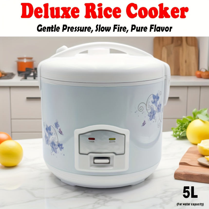 home rice cooker with a large capacity of five liters, non stick inner pot, classic design, one button operation, automatic keep warm function, and european standard plug