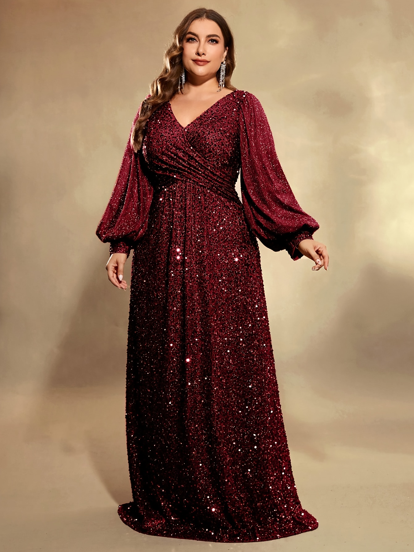 elegant red sequin v neck long sleeve gown women Temu Canada
