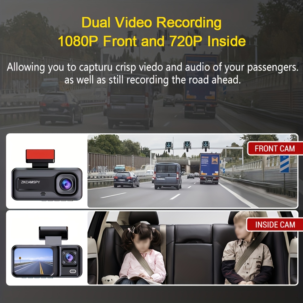 Cámara de salpicadero de doble lente de alta definición para vehículos, con grabación frontal de 1080P y captura de video interior de 720P, equipada con visión nocturna, sensor G, grabación en bucle y vigilancia de estacionamiento