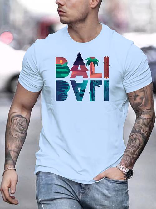 BALI Print Tee Shirt, Tees For Men, Casual Short Sleeve T-shirt For Summer