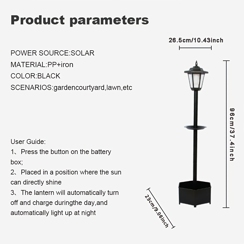 Solar-powered Garden Lantern With Bird Feeder & Planter - 3-in-1 Outdoor Decor Light For Yard, Patio, Balcony (black) Ip44