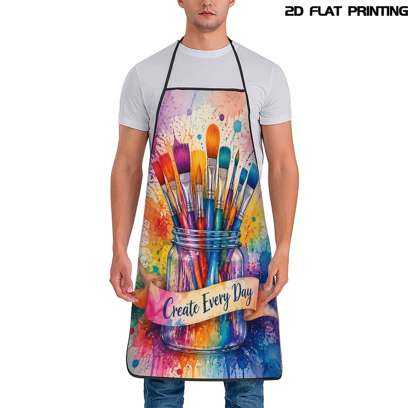 TEMU 1 Paintbrush And "" Printed Apron, Durable And Easy To Clean, With Adjustable Waist, Made Of Polyester, Suitable For Household Cleaning, Baking,