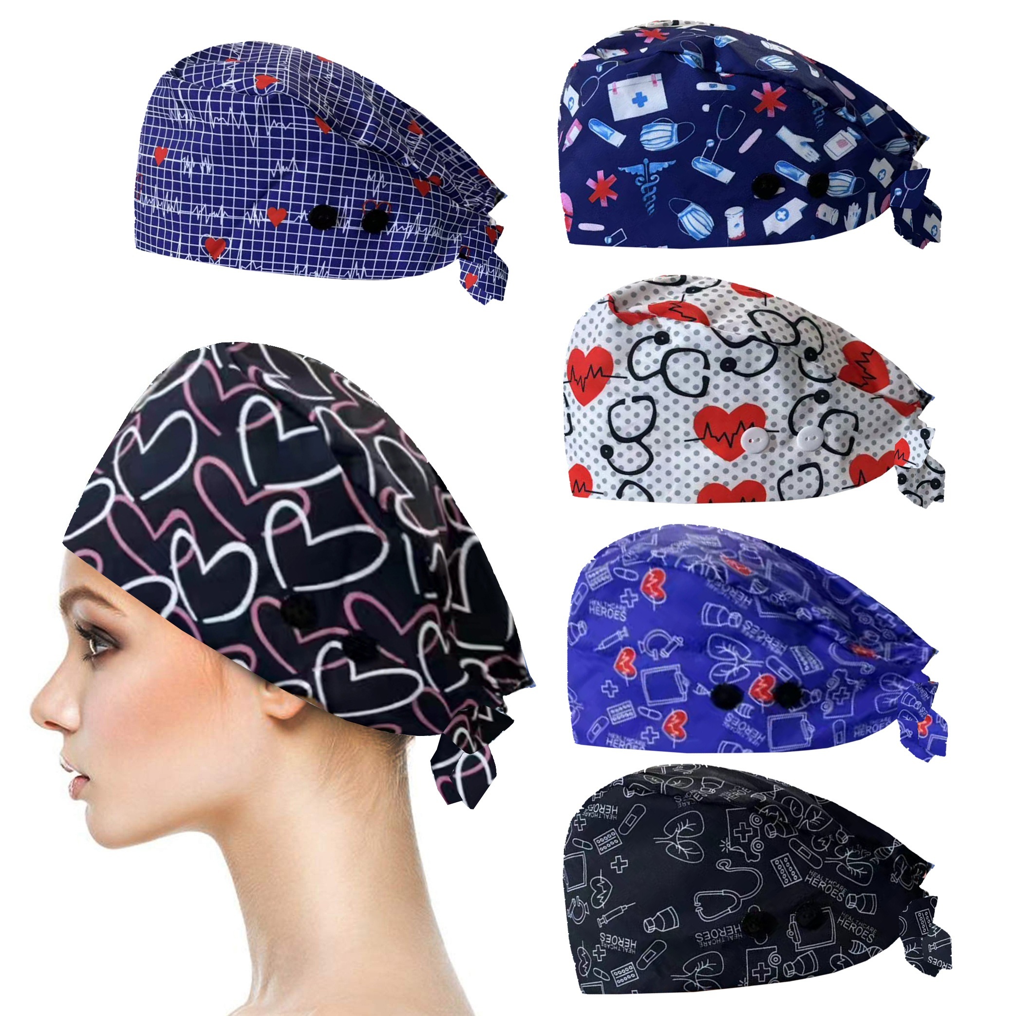 

Unisex Scrub Cap With Button - Stretchy Polyester, Printed Design, Perfect For Work & Everyday Wear